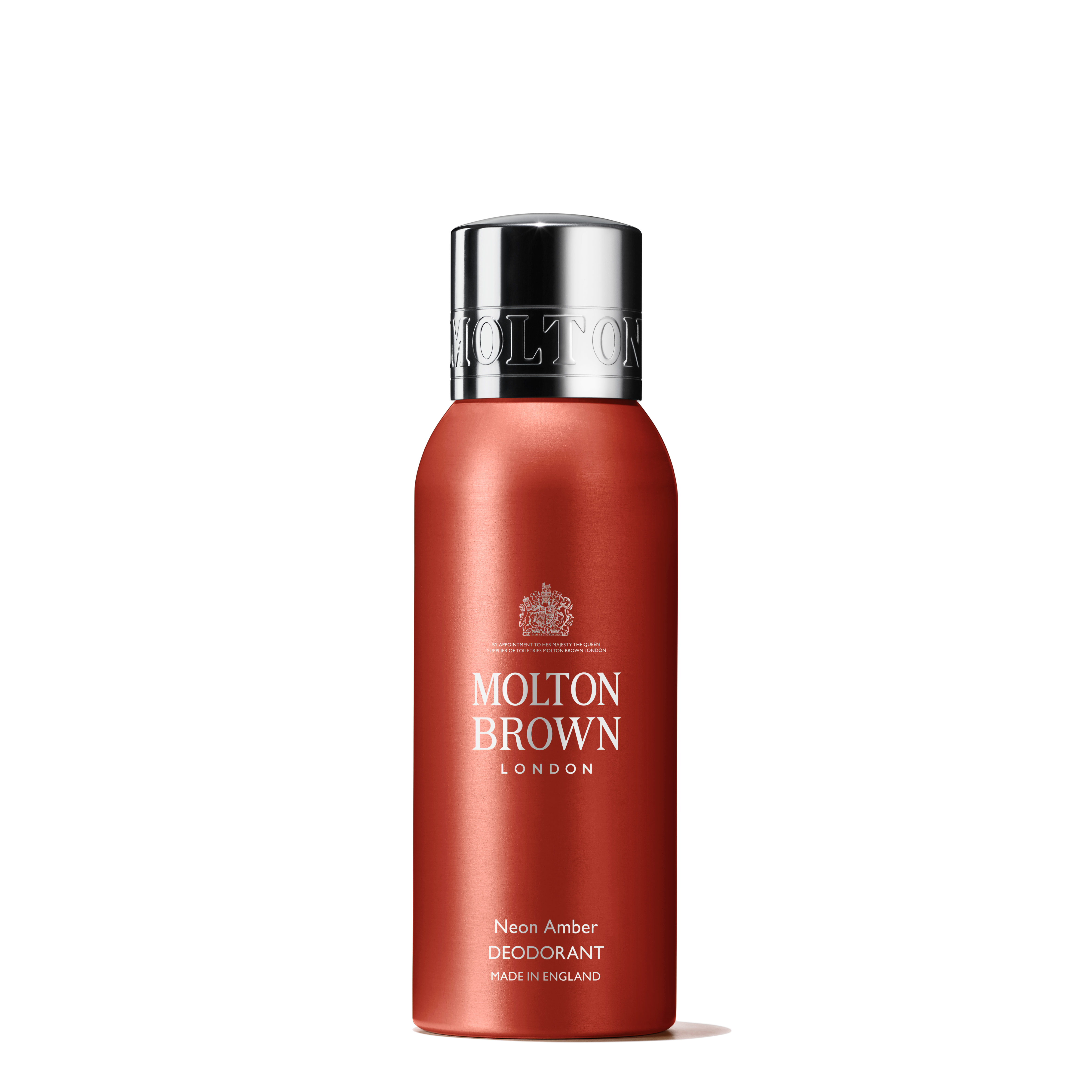 The red cylindrical deodorant spray, labeled Molton Brown Cyprus and Neon Amber Deodorant Spray 150ml, features a silver cap and crest logo. This aluminium-free formula is made in England with bright mandarin oil. The background is plain white.