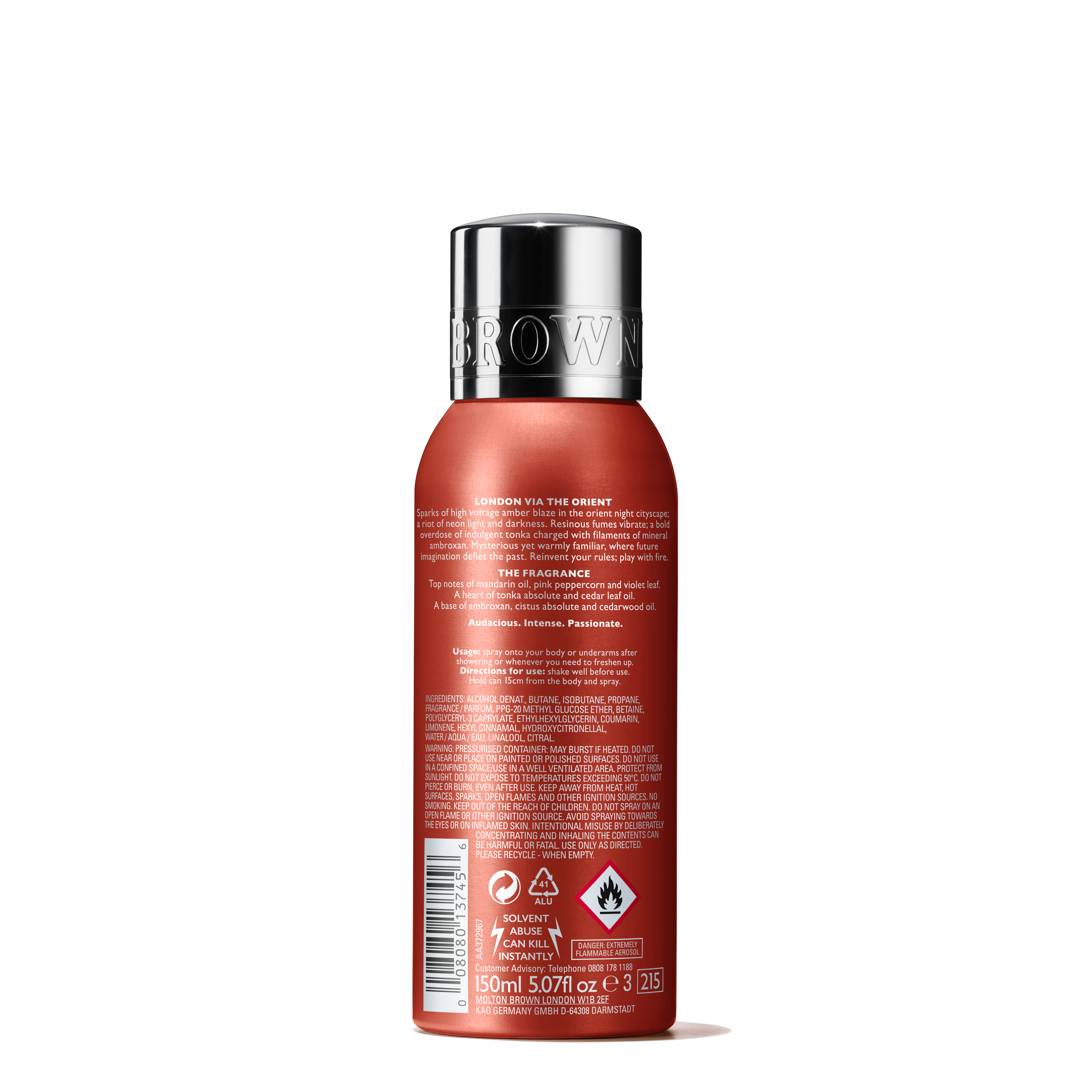 The Molton Brown Cyprus Neon Amber Deodorant Spray comes in a sleek 150ml cylindrical bottle featuring a shiny silver cap and orange-red hue. It’s infused with mandarin oil, is aluminium-free, and includes ingredient details. Recycling and flammability icons are at the bottom.