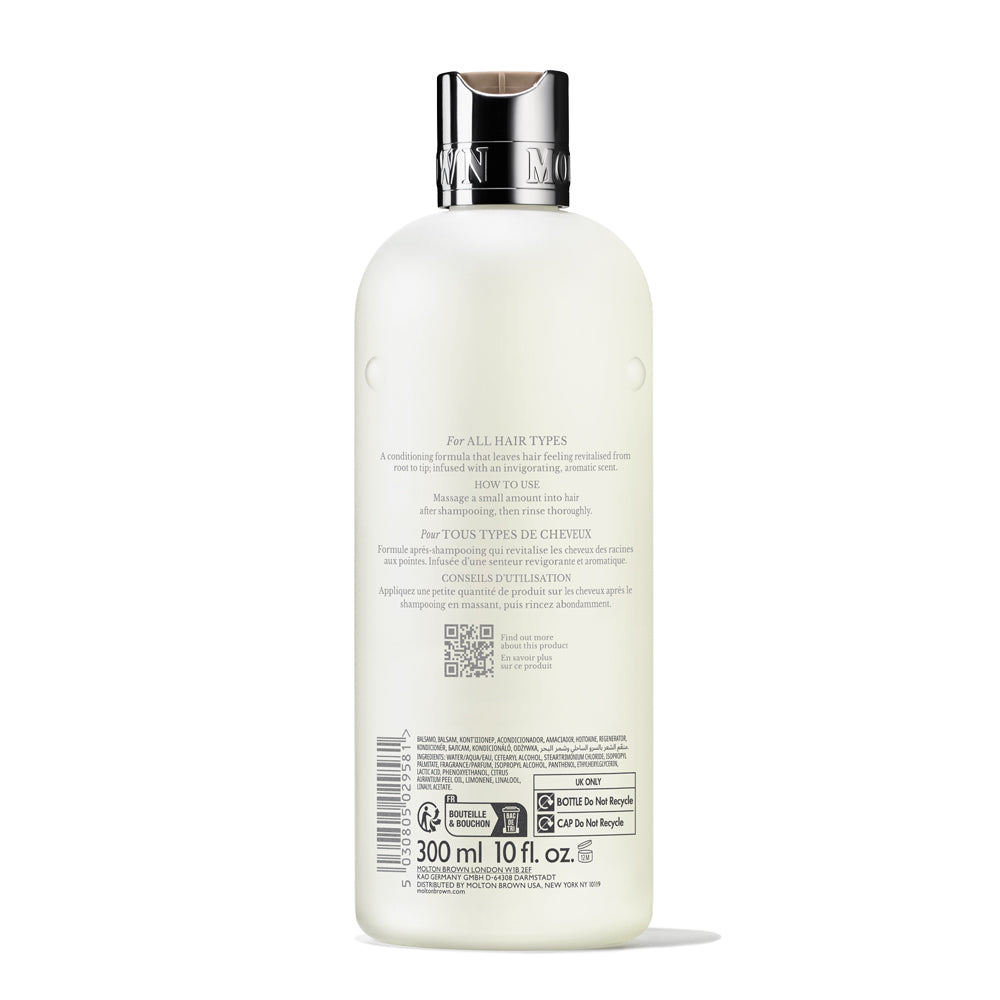 A white 300ml Molton Brown Cyprus Coastal Cypress & Sea Fennel Conditioner bottle with a silver cap, shown from the back. The bilingual label features instructions, barcode, QR code. Suitable for all hair types; enriched with marine notes.
