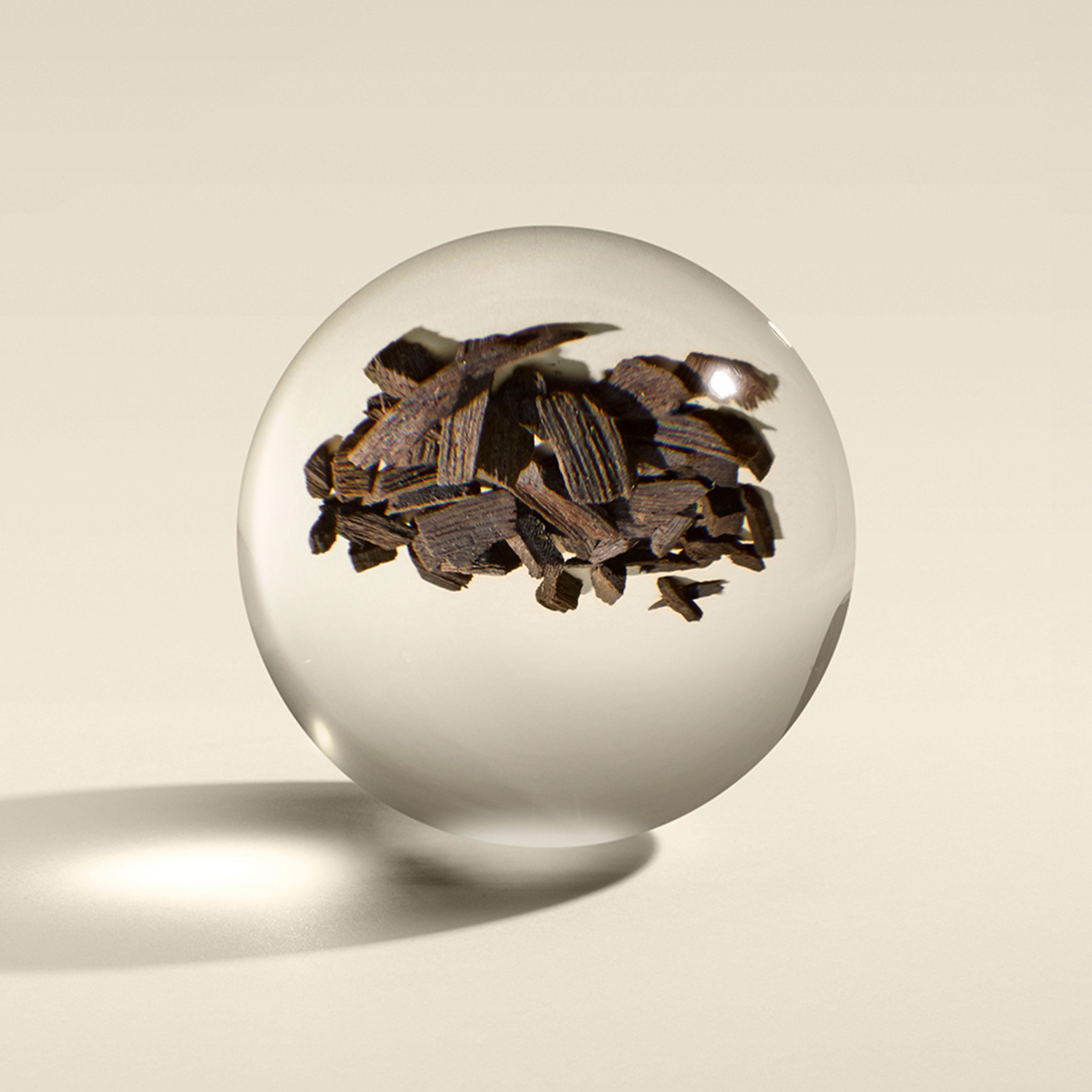 A clear sphere encapsulates scattered dark brown wood chips, casting a soft shadow on a light beige surface. Reminiscent of the Mesmerising Oudh Accord & Gold Bath & Shower Gel by MoltonBrown Cyprus, the sharp contrast between the smooth sphere and the textured wood creates a striking visual effect.