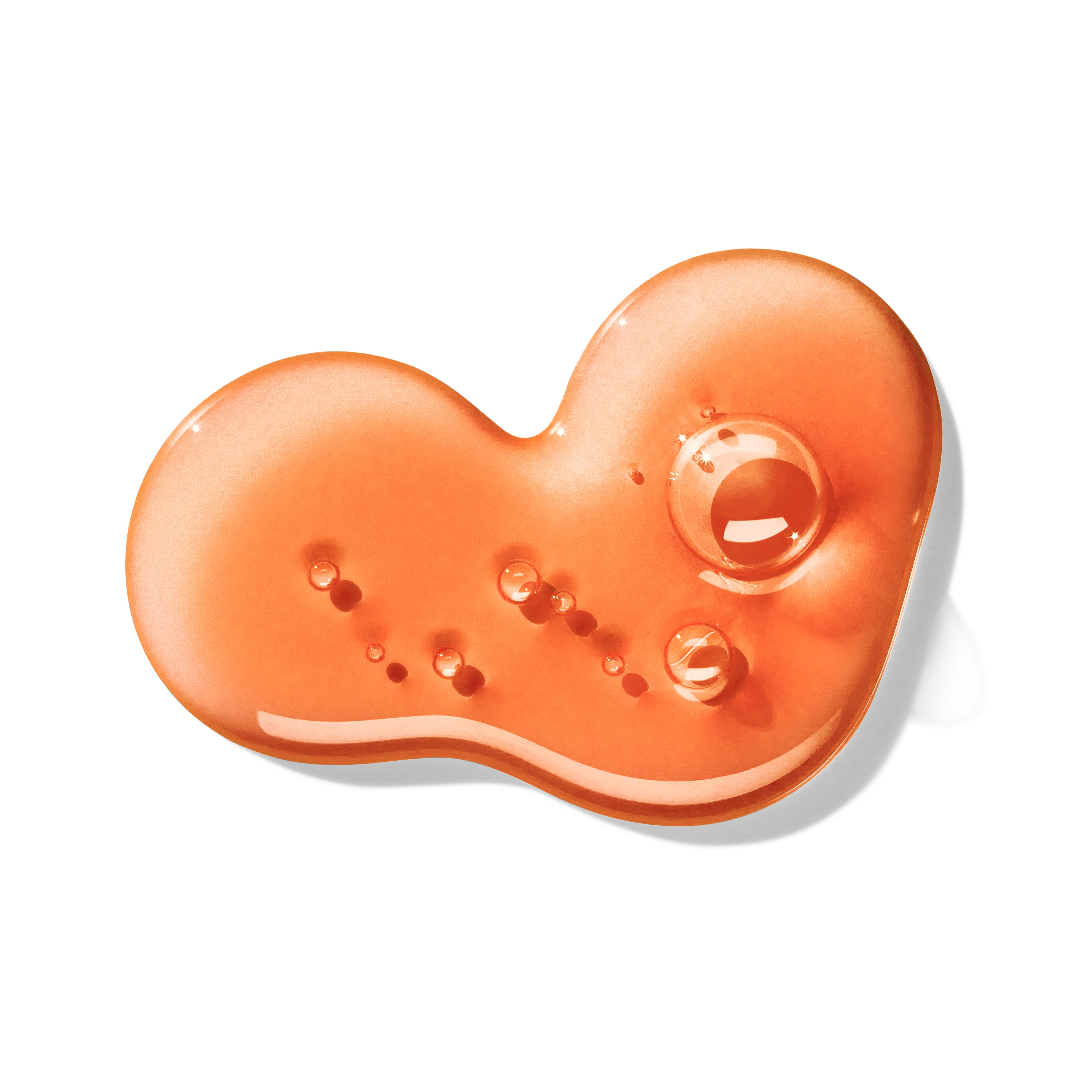 The Neon Amber Bath & Shower Gel 300ml from MoltonBrown Cyprus is a glossy, orange gel with a unique blend of Mandarin Oil, featuring an array of small and large bubbles inside. Its smooth, abstract shape and shiny texture stand out against a pristine white background.