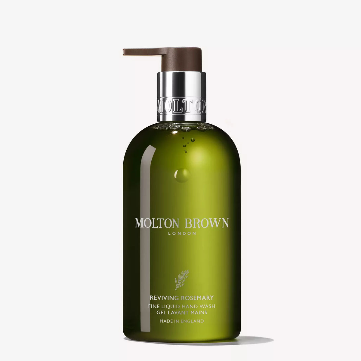A green bottle of MoltonBrown Cyprus Reviving Rosemary Fine Liquid Hand Wash 300ml with a pump dispenser, silver neck, and white label text, set against a plain white background.