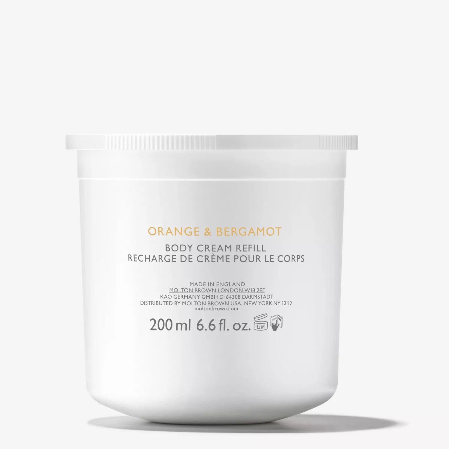 A white MoltonBrown Cyprus Orange & Bergamot Body Cream Refill pod, 200g, with gold and gray text, is displayed against a plain light background.