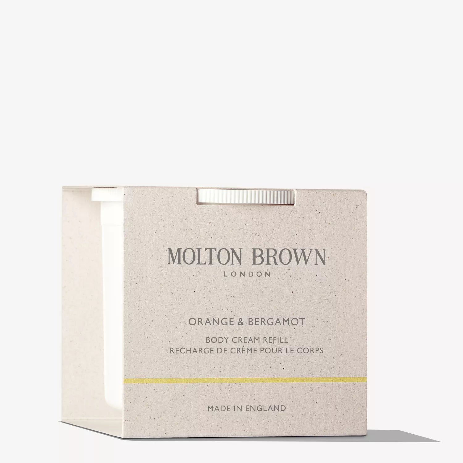 A beige box labeled MoltonBrown Cyprus Orange & Bergamot Body Cream Refill 200g features a yellow stripe, "Made in England" text, and a visible white body cream refill pod inside.