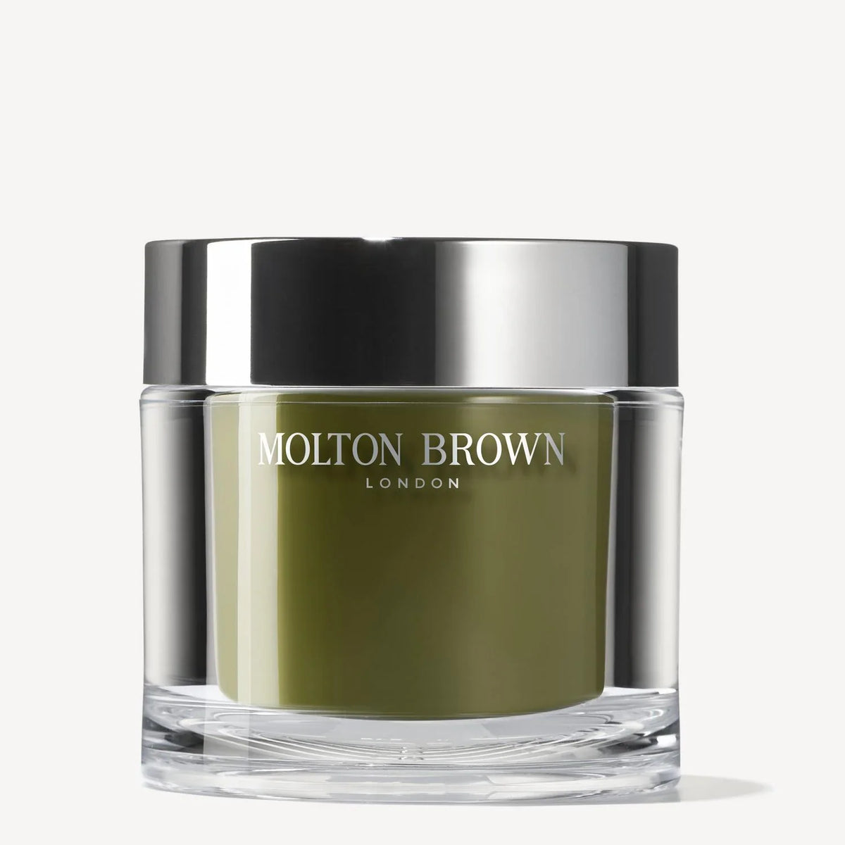 A clear and silver jar labeled MoltonBrown Cyprus, containing green Reviving Rosemary Refillable Body Polisher 250g, sits against a white background. This fresh-scented exfoliator helps reveal renewed, radiant skin.