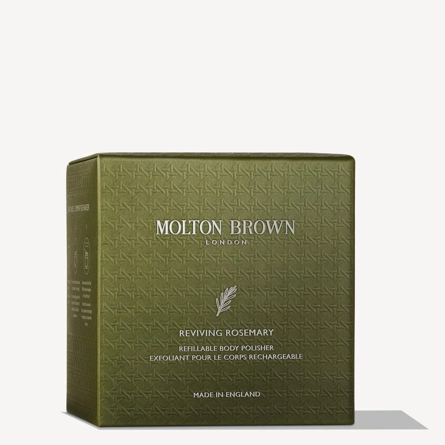 A green textured box of MoltonBrown Cyprus Reviving Rosemary Refillable Body Polisher 250g features white and silver text, a subtle pattern, and product details at the bottom; designed to exfoliate skin.