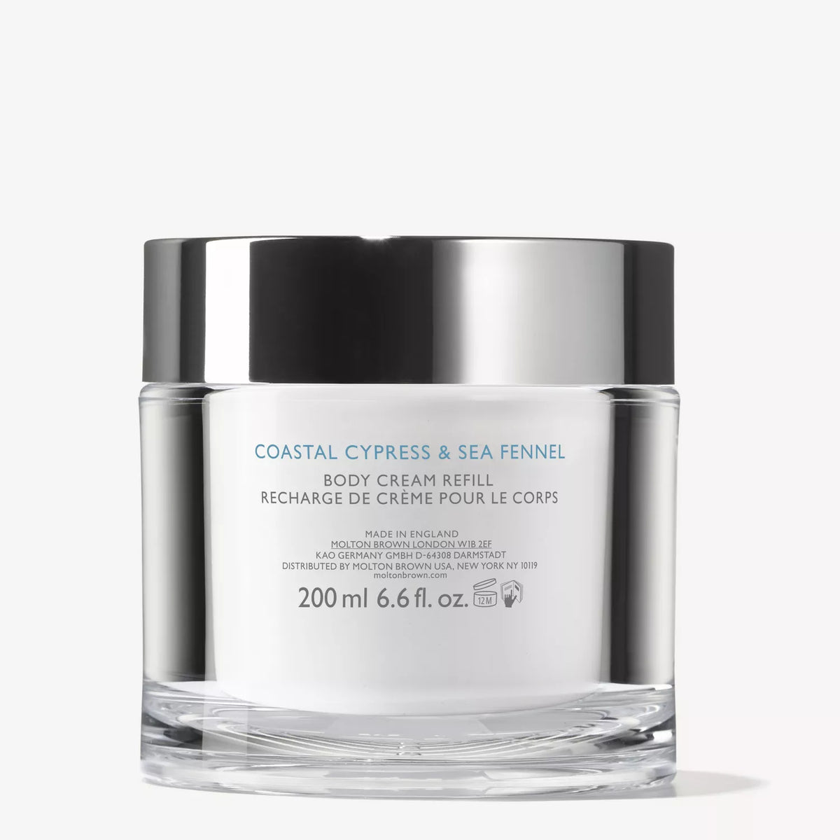 A clear and silver jar of MoltonBrown Cyprus Coastal Cypress & Sea Fennel Refillable Body Cream 200g features bilingual English and French text on white, enriched with shea butter and marine notes.