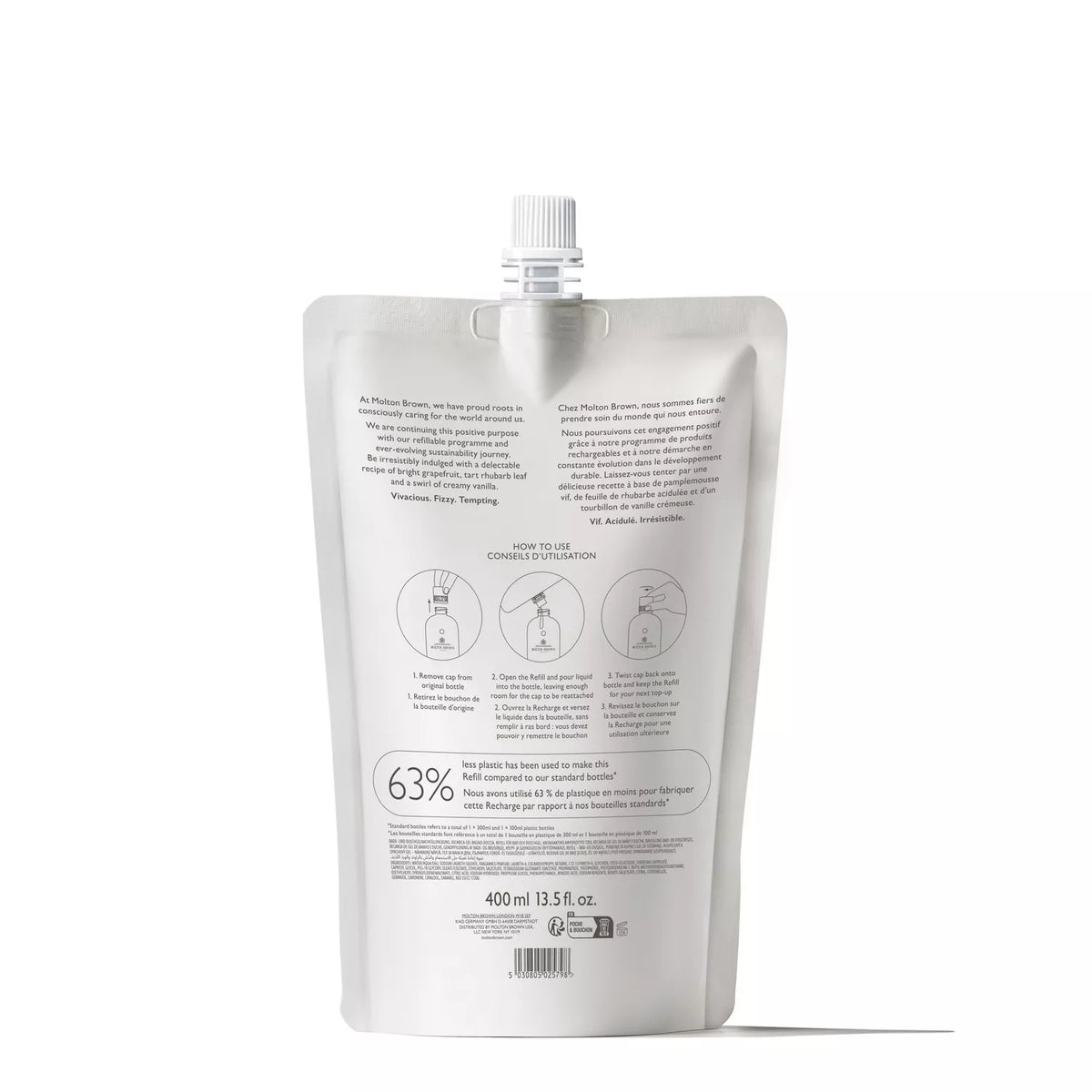 The Molton Brown Cyprus Delicious Rhubarb & Rose Bath & Shower Gel Refill comes in a silver pouch with a spout cap for easy use, perfect for refilling. The back features text and three illustrated usage instructions. The pouch holds 400 ml (13.5 fl oz) of product.