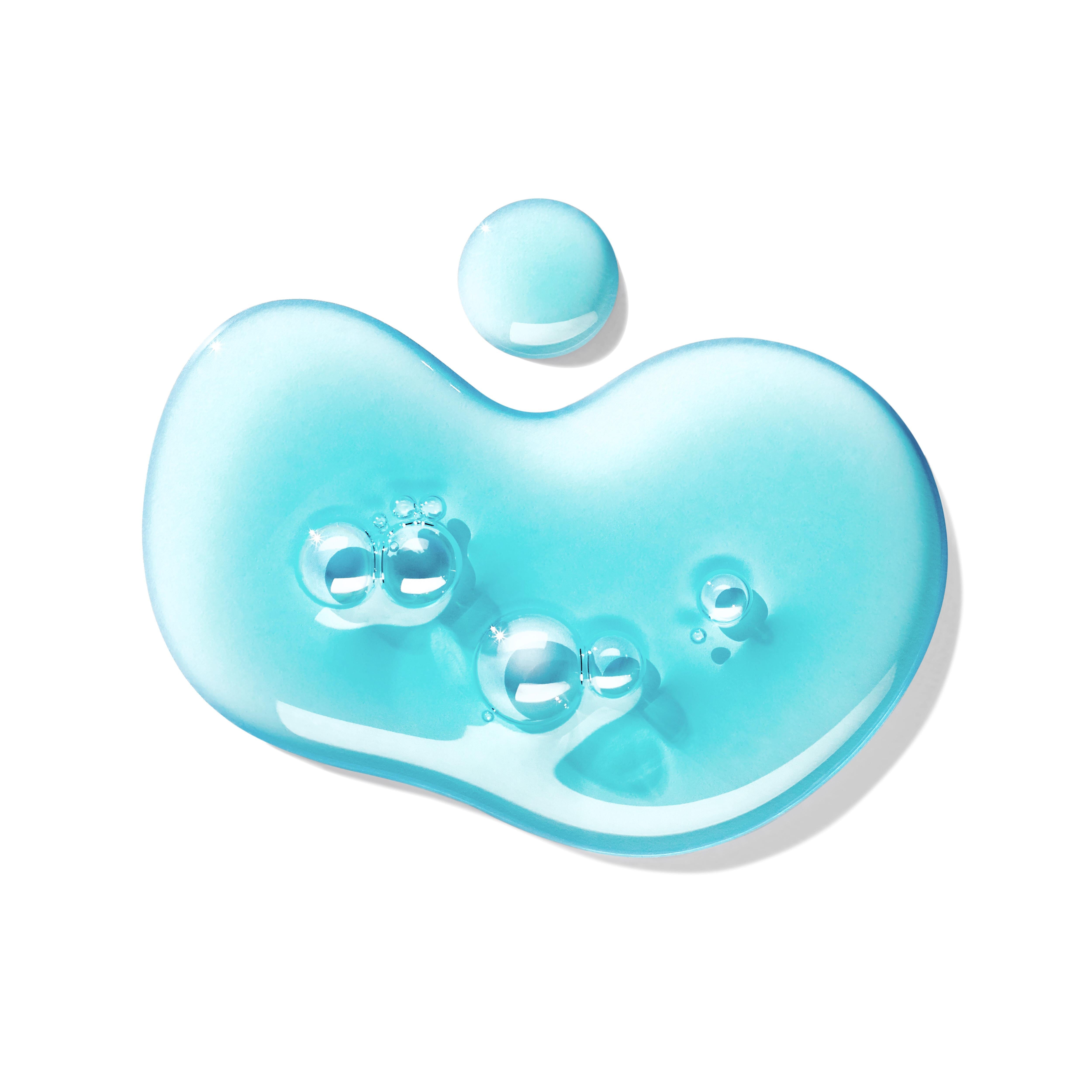 A close-up of the Molton Brown Cyprus Coastal Cypress & Sea Fennel Bath & Shower Gel Refill 400ml, with light blue gel and round bubbles spread irregularly on a white surface. It appears glossy and translucent, emanating a refreshing marine scent with varying thickness and a shiny texture.