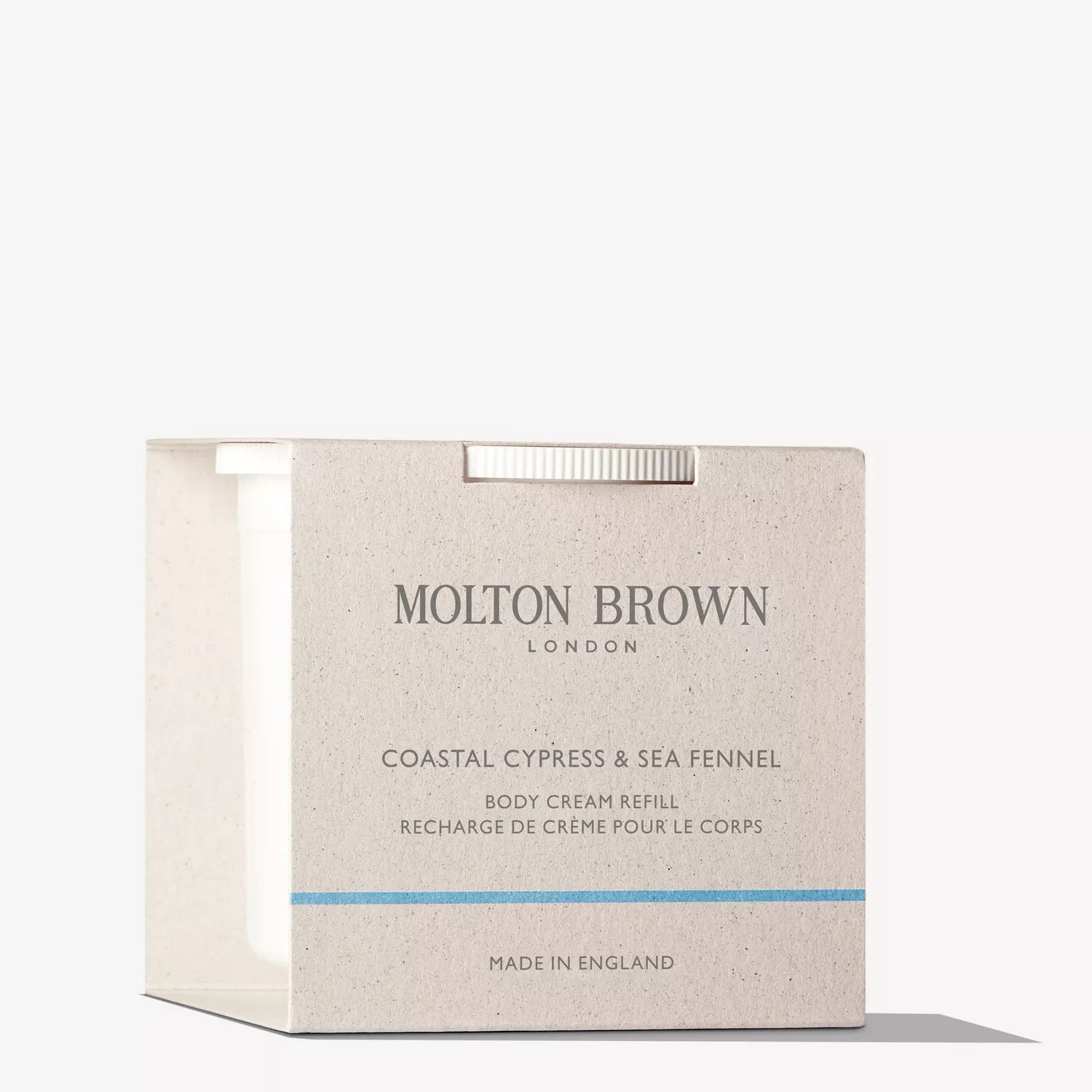 A MoltonBrown Cyprus Coastal Cypress & Sea Fennel Body Cream Refill 200g in a beige box with blue and grey text, partially showing the white refill inside. Made in England, this cream is ideal for hydrating skin after bathing.