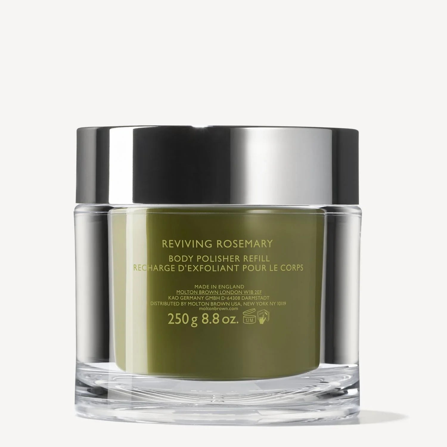 A clear jar with silver lid holds 250g MoltonBrown Cyprus Reviving Rosemary Refillable Body Polisher, labeled in English and French, designed to exfoliate skin. Fresh scented green formula; net weight 8.8 oz.