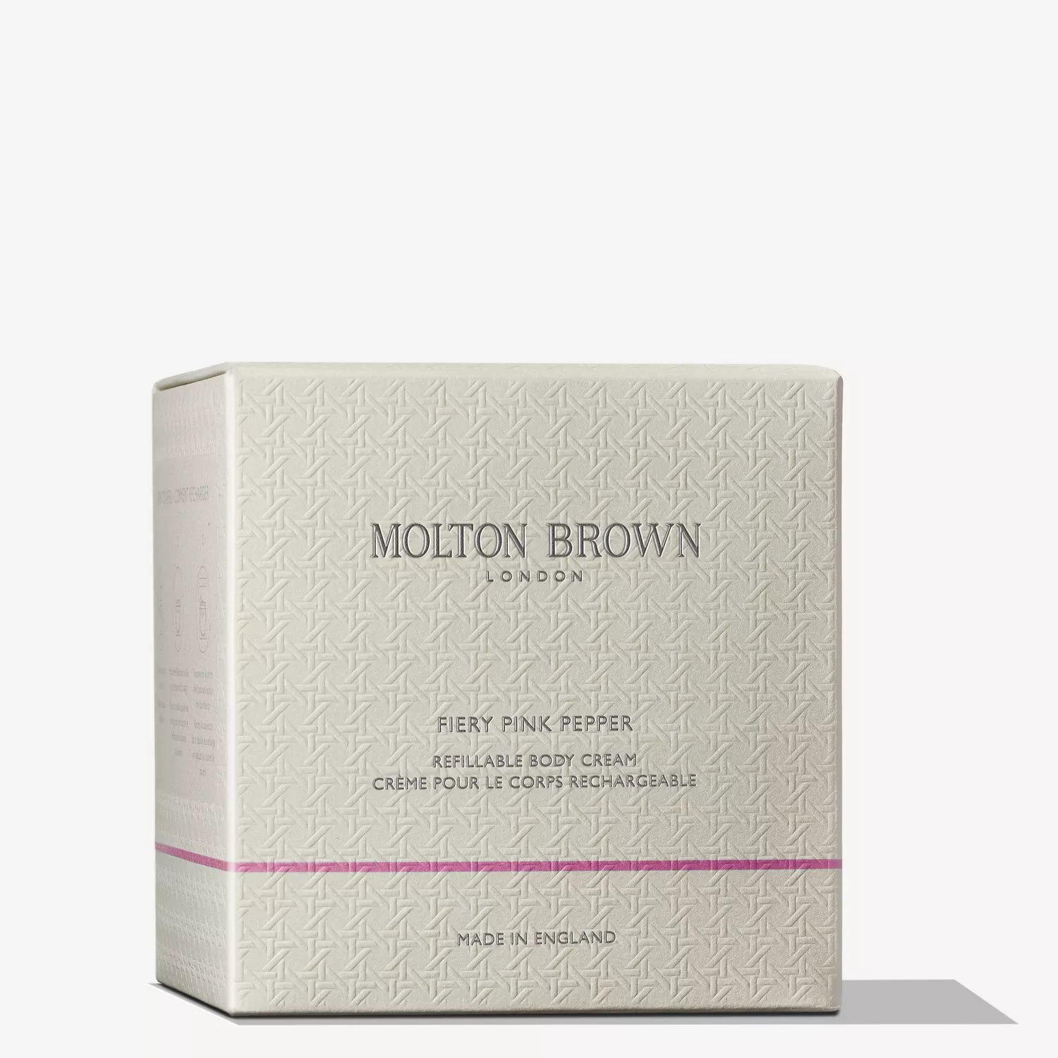 A box of MoltonBrown Cyprus Fiery Pink Pepper Refillable Body Cream 200g, pale beige with a silver logo and pink stripe—ideal for anyone who loves hydrating body cream.