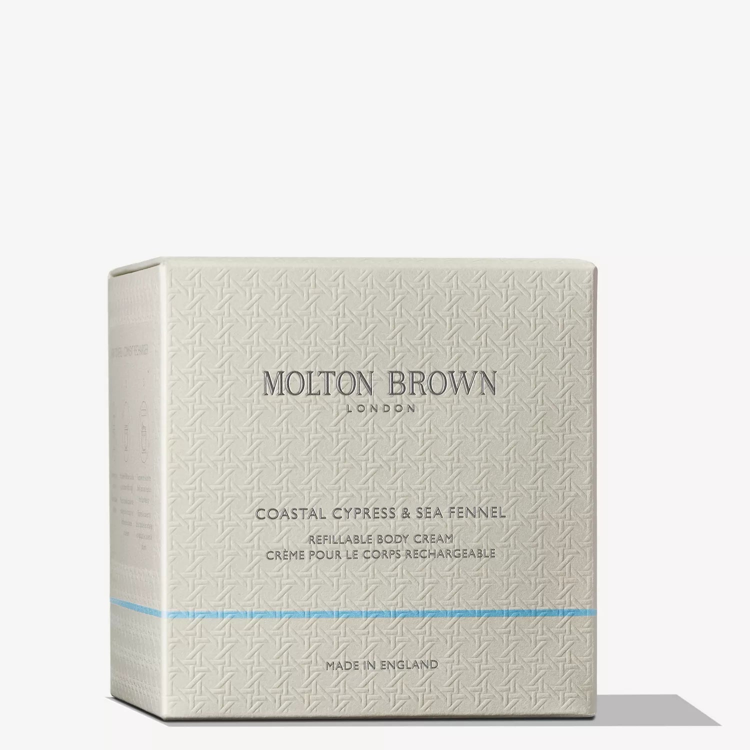 A box of MoltonBrown Cyprus Coastal Cypress & Sea Fennel Refillable Body Cream 200g, with a light beige patterned design and silver text, is shown against a white background.